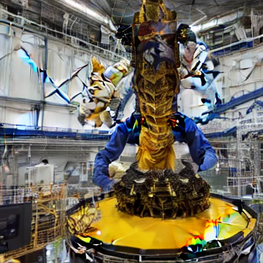 Prompt: at the webb space telescope in space adorable high energy beanie baby maine coon kittens wear spacesuits and helmets, 4k uhd, movie still, blockbuster, low energy bokeh, ultrarealistic.