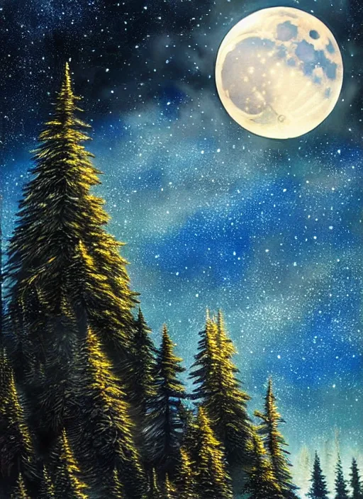 Image similar to stars, moon, golden shores, spruce trees, beauty, sharp focus, 8 k high definition, insanely detailed, intricate, elegant, art by stanley lau and artgerm, floating embers