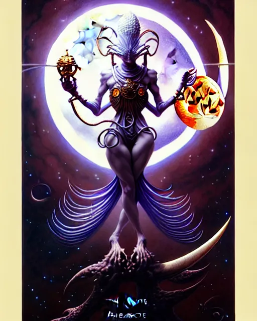 Image similar to the moon tarot card, fantasy character portrait made of fractals, ultra realistic, wide angle, intricate details, the fifth element artifacts, highly detailed by peter mohrbacher, hajime sorayama, wayne barlowe, boris vallejo, aaron horkey, gaston bussiere, craig mullins