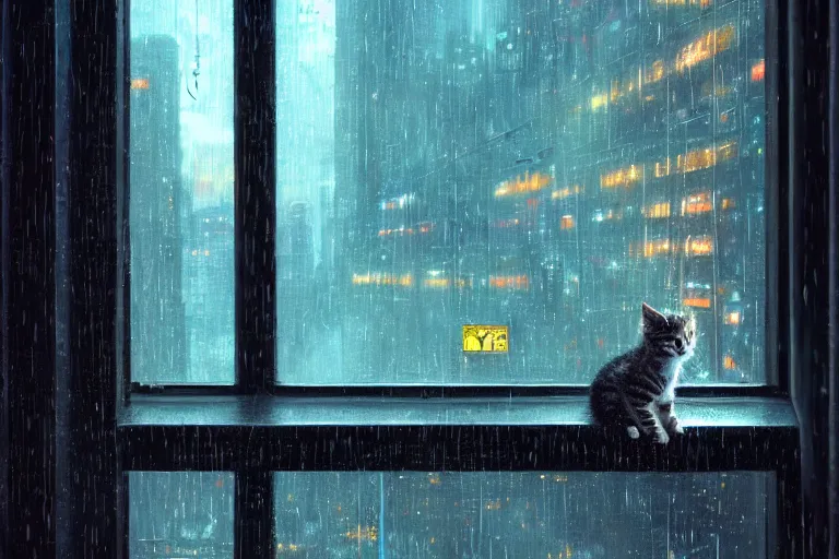 Prompt: highly detailed painting of a cute kitten sitting on a dark hotel window sill, looking out a rain-streaked window overlooking a futuristic cyberpunk cityscape, intricate, by greg rutkowski and android jones, oil on canvas, ancient cyberpunk 8k resolution, vibrant deep colors, masterpiece