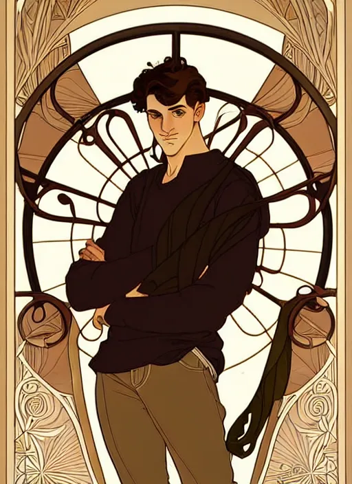 Image similar to art nouveau portrait of a young man with curly light brown hair, brown eyes, serious facial expression, casual clothes, natural lighting, path traced, highly detailed, high quality, cartoon, digital painting, by don bluth and ross tran and studio ghibli and alphonse mucha