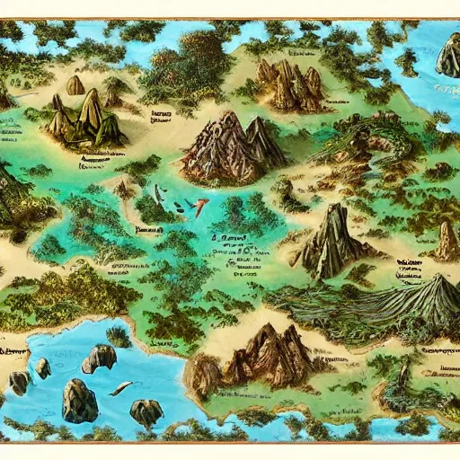 Image similar to an incredibly detailed map of a fantasy world with elaborate biomes and illustrations