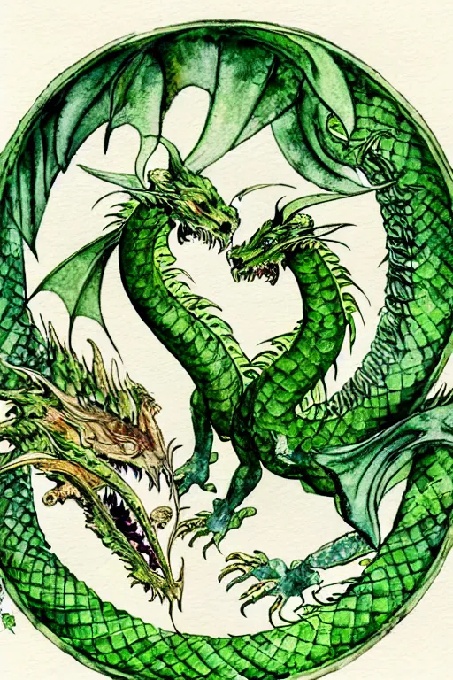 Image similar to green dragon watercolor painting in the center of a circular frame of leaves, art by walter crane and arthur rackham, illustration style, watercolor