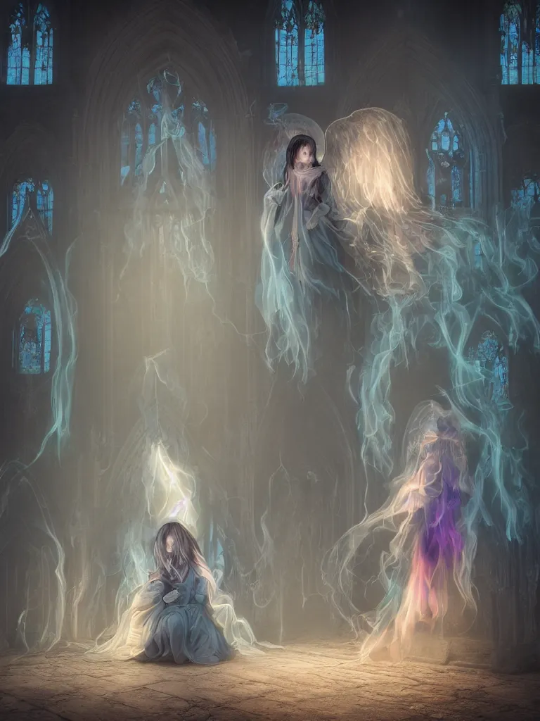 Prompt: cute fumo plush gothic angel maiden girl in hood ghost wraith making an apparition in an abandoned church, stained glass window with colored glowing light, fallen angel, wisps of smoke and glowing volumetric fog, vignette, vray