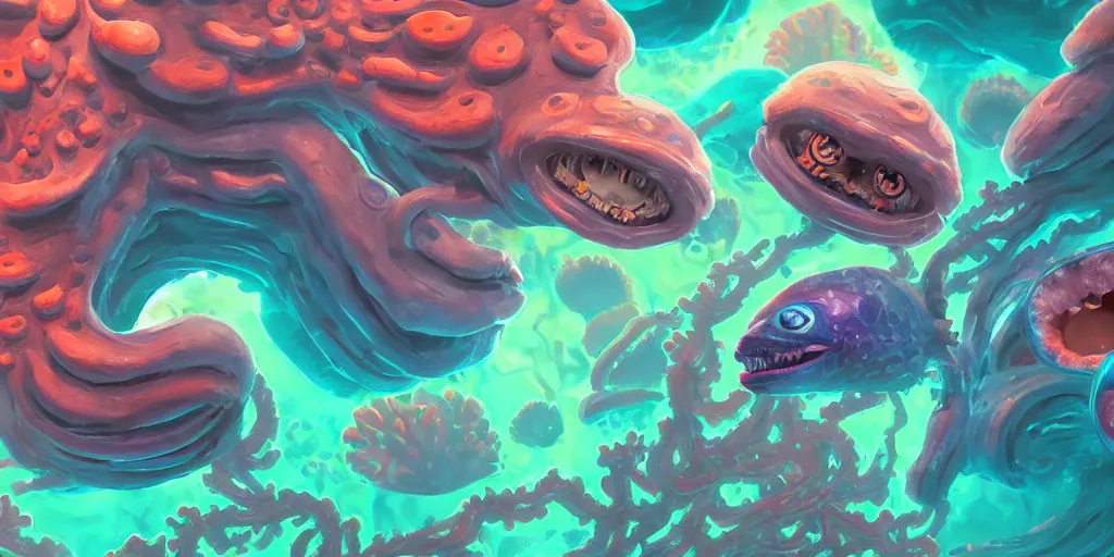 Prompt: of a colorful cloudy deep sea under water with strange cute friendly happy creatures with huge eyes, mouth, long tongue and round teeth appearing from sandy coral, in the style of gehry and gaudi, macro lens, highly detailed, digital painting, trending artstation, concept art, illustration, cinematic lighting, vibrant colors, photorealism, epic, octane render