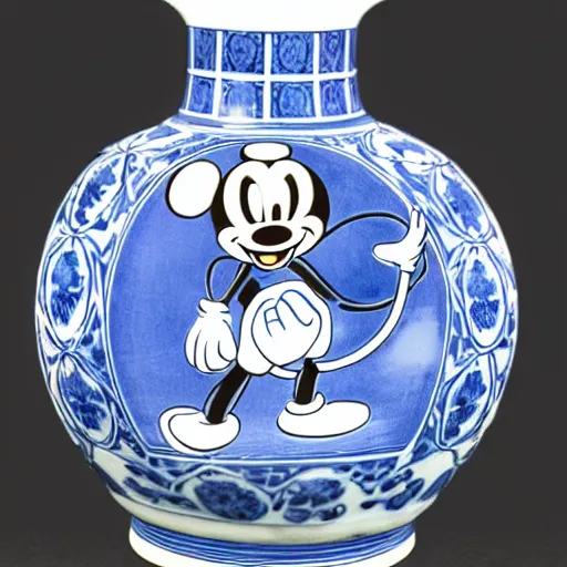 Prompt: a delft blue vase with a happy mickey mouse depicted on it ; extremely detailed