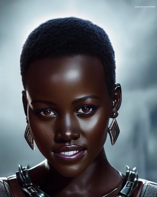 Image similar to 5 5 mm portrait photo of lupita nyongo as black panther. magical atmosphere. art by artgerm and greg rutkowski. highly detailed 8 k. intricate. lifelike. soft light. nikon d 8 5 0.