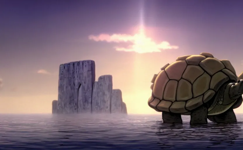 Image similar to a hyperrealist cell - shaded cartoon movie still from howl's moving castle ( 2 0 0 4 ) of a giant mechanized tortoise in a flooded stonehenge. a rainforest is in the background with shafts of sunlight from above. very dull muted colors, hd, 4 k, hq