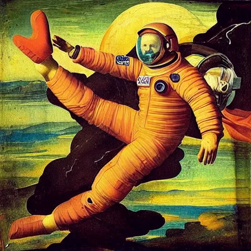 Prompt: a astronaut floating in space, renaissance painting, high quality, highly detailed, anatomically correct, complementary colors