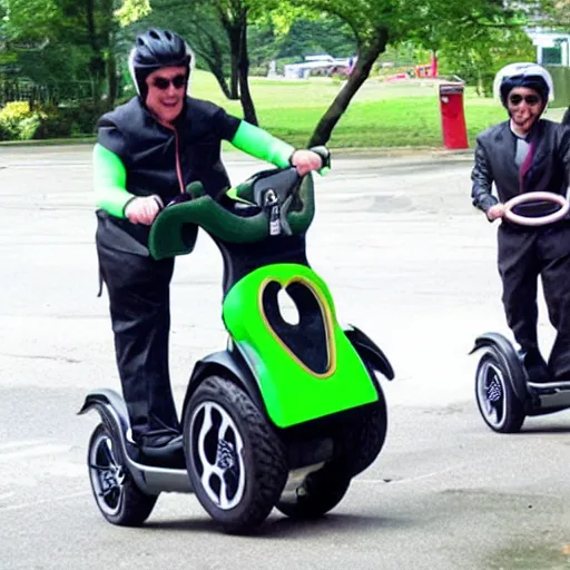 Image similar to elvis riding a segway in a frog costume