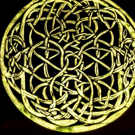 Prompt: Celtic flower of life carved on a tree illuminated by full moonlight, Photo taken with Nikon ISO 2600