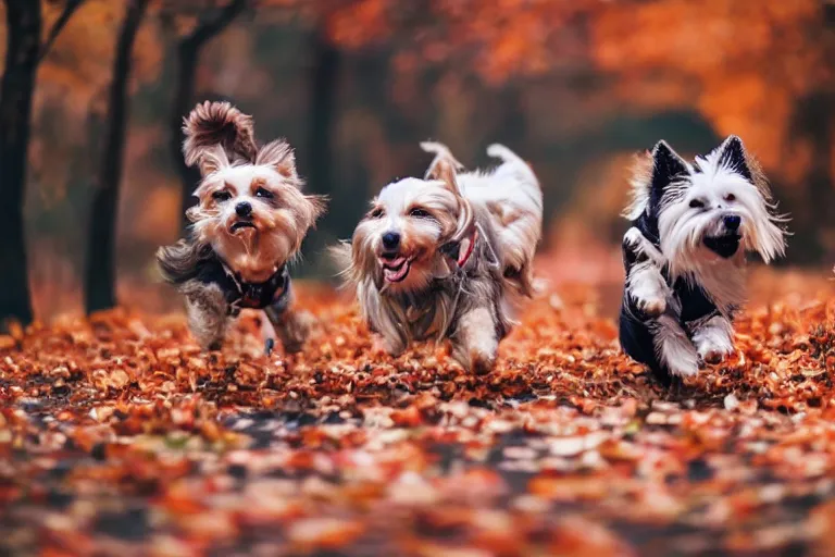 Prompt: dogs running through autumn leaves with motion blur towards the camera