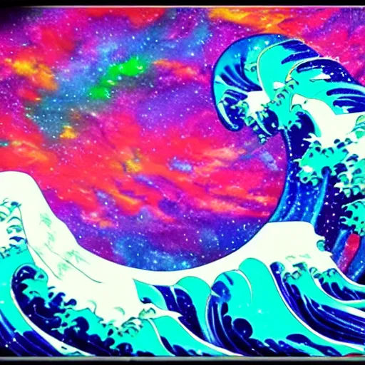 Image similar to paint pour, marbling, very detailed, 8k 4k, cosmic nebula, alien worlds, sherbert sky, glowing rainbow neon ink, deep color hokusai the great wave synthwave style