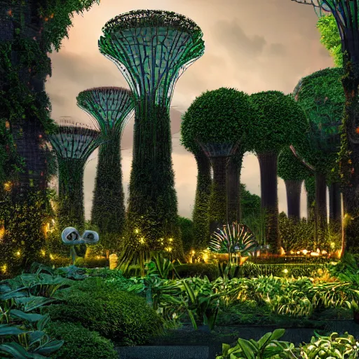 Prompt: garden by the bay attacked by robots, photorealistic, ultra - detailed, octane 4 k render, hdr shot