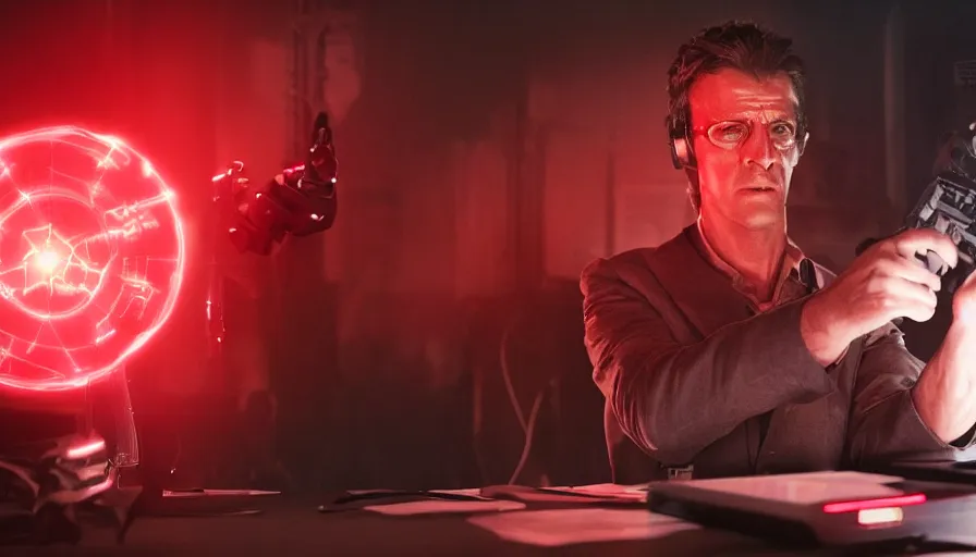 Image similar to big budget action movie about an evil scientist using a computer, a red glow is coming from the screen