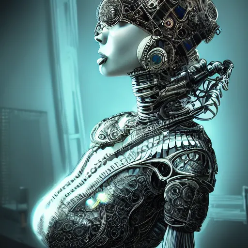 Image similar to the portrait of an absurdly graceful, sophisticated, fashionable ottomanpunk robotess idol, an ultrafine hyperdetailed illustration by kim jisu, intricate linework, neon wiring, electronics, porcelain skin, unreal engine 5 highly rendered, global illumination, radiant light, detailed and intricate environment, by rutkowski, artgerm, marvel comics