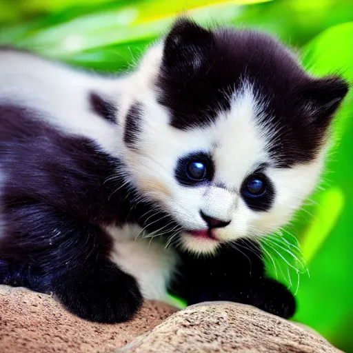 Prompt: cute kitten with panda body and cat face, eats bambus, highly detailed, sharp focus, photo taken by nikon, 4 k