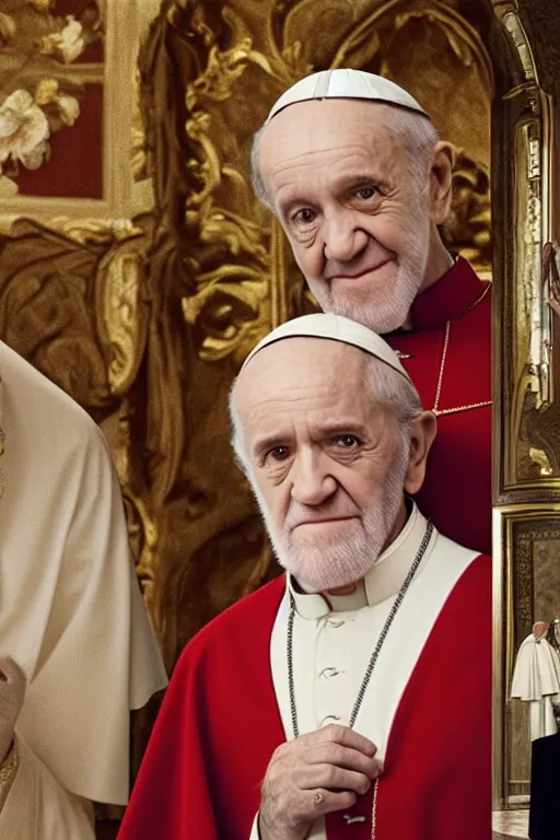 Prompt: dolce & gabbana campaign featuring george carlin as the pope, unprocessed colors, # nofilter, shot by annie leibovitz, realistic vfx simulation