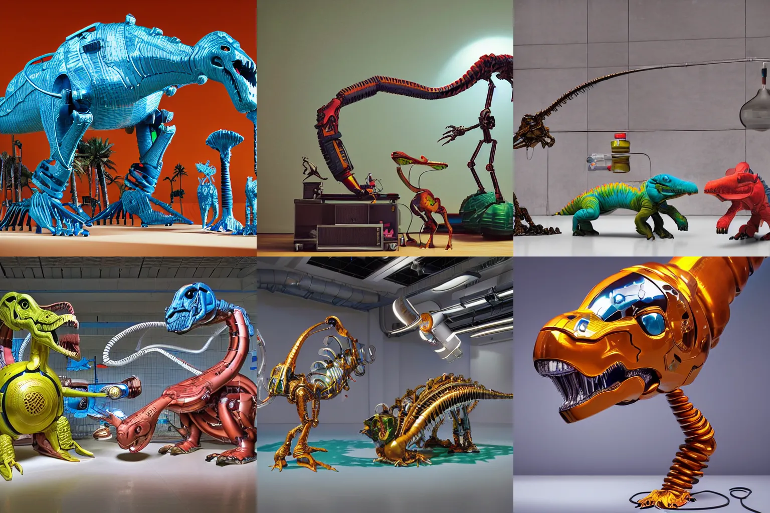 Prompt: A propaganda, plastic simple funny mechanic organic mechabot dinosaur characterdesign toy sculpture made from chrome cables, wires and tubes by moebius, by david lachapelle, by angus mckie, by rhads, by jeff koons, in an empty studio hollow, c4d