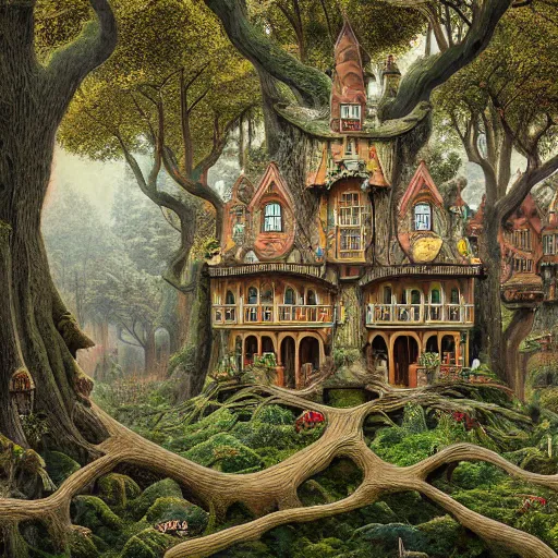 Image similar to a highly detailed strange fantastic magical mansion entangled with detailed oak trees by jacek yerka, matte painting, 8 k resolution, vivid