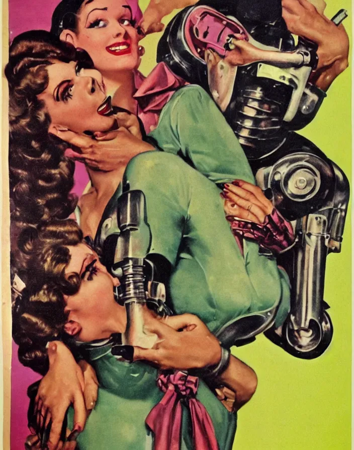 Image similar to a female housewife!!!! being hugged by a manly metal - suited!!! robot!!!!, 1 9 5 0 s horror film movie poster style, ( norman rockwell oil painting ), close - up, tight shot, retro science fiction, vintage, saturated pink and green lighting, shadowy lighting, cohesive!!, photogenic!!