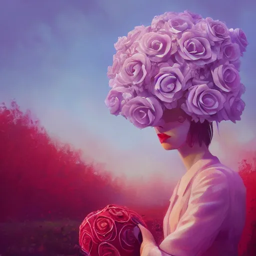 Image similar to closeup, giant rose flower as a head, frontal, girl in a suit, surreal photography, sunrise, dramatic light, impressionist painting, digital painting, artstation, simon stalenhag