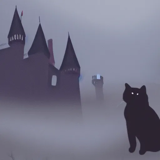 Image similar to a dark vallcy with a huge gloomy castle, fog. a little boy and a black cat