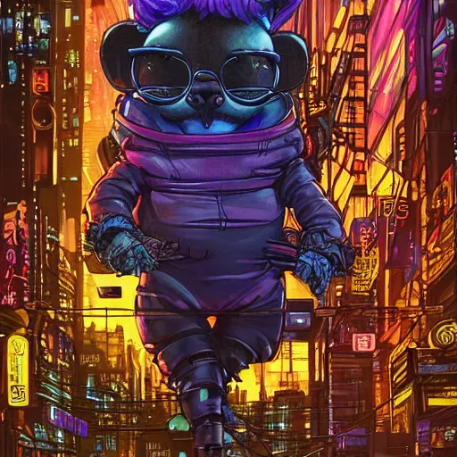 Image similar to high detailed anthropomorphic hamster in a cyberpunk rainy city at night by josan gonzalez, purple and blue neons, unreal engine, high quality, 4 k, uhd, trending on artstation, wires, blade runner vibes, ghost in the shell, akira, dorohedoro