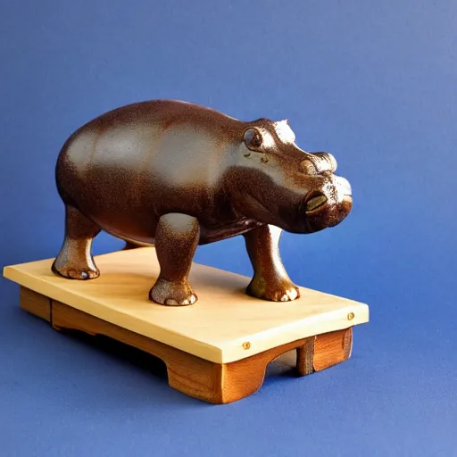 Prompt: small hippopotamus sculpture on a desk with bottom part and legs made out of wood and back and top part out of blue epoxy sculpture, mix, decorative small, 3 5 mm macro photography, studio