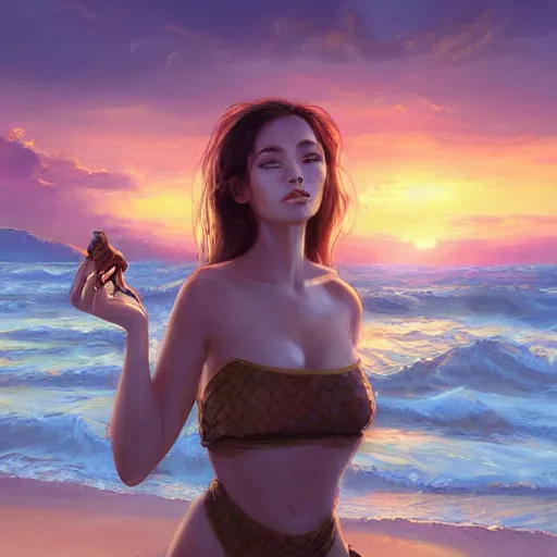 Image similar to portrait of beautiful woman on the beach, brown eyes, vomiting snakes, sunset, highly detailed, by wlop, rossdraws, artgerm.