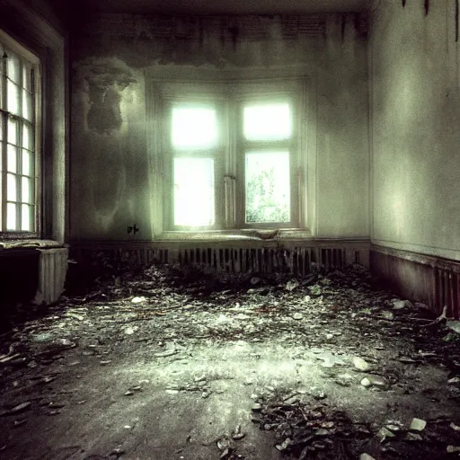 Prompt: Beautiful cameraphone, soft liminal foggy Photograph inside an abandoned estate-flat