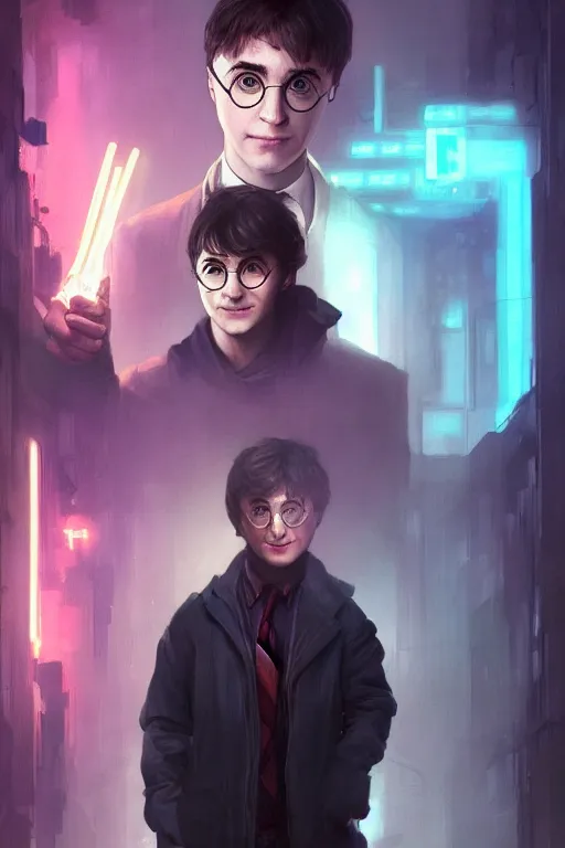 Image similar to Portrait of Harry Potter in cyberpunk, implants, neon cinematic lighting, digital art from artstation by Ruan Jia and Mandy Jurgens and Artgerm and william-adolphe bouguereau and Greg Rutkowski and Wayne Barlowe