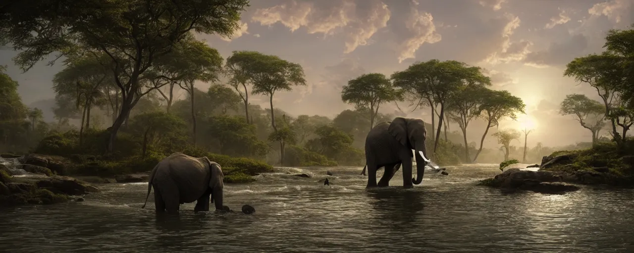 Image similar to an elephant taking bath in the river, beautiful dynamic lighting, cinematic, wide angle establishing shot, extremely high detail, photo realistic, cinematic lighting, post processed, concept art, artstation, matte painting, style by frederic church, raphael lacoste, unreal engine 8 k