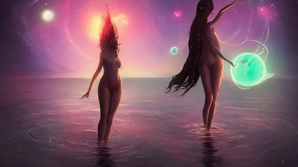 Prompt: one beautiful whimsical goddess standing in a lake basking in the moonlight, underneath a multi-colored binary blackhole with an accretion disc, glowing trails following her arms, steampunk, by Lois van Baarle, by Greg Rutkowski, by artgerm, by beeple, by studio ghibli, cinematic angle, volumetric lighting, 4k resolution, octane render, trending on artstation, masterpiece