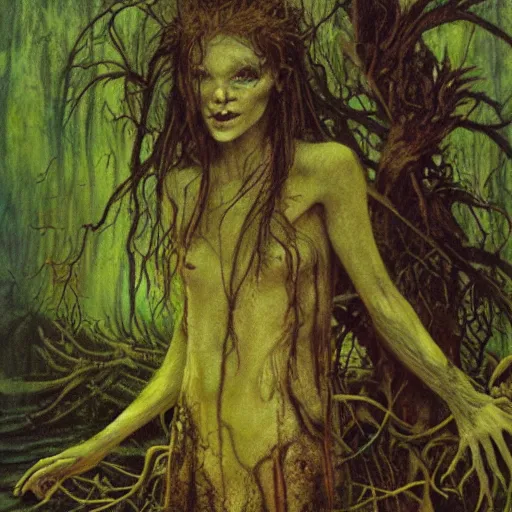 Prompt: evil rusalka of the blighted swamp, aquiline features, holding a human skull thin, young black shimmering hair, by brian froud, cold secondary colors, colors reflecting on lake, swamp roots and dead trees, oil on canvas, oil panting