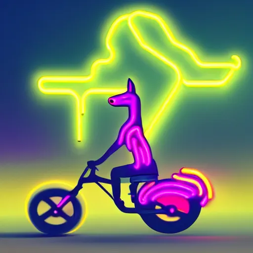 Image similar to dog riding a neon bike in the night, digital art, hd, high quality, trending on artstation