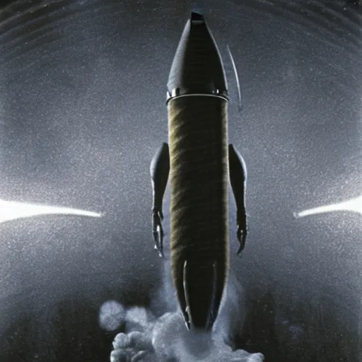 Image similar to an octane 3 d render of a rocket flying though space being chased by aliens in the style of h. r. giger, 1 9 7 3 photo from life magazine, smooth, ultra detailed,