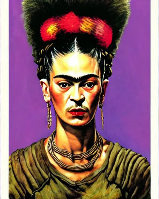 Image similar to portrait of a skinny punk frida kahlo wearing armor by simon bisley, john blance, frank frazetta, fantasy, thief warrior