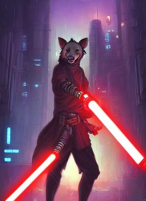 Prompt: beautiful portrait commission of a male furry anthro hyena fursona wearing jedi robes and wielding a red lightsaber in a cyberpunk city at night in the rain. character design by charlie bowater, ross tran, artgerm, and makoto shinkai, detailed, inked, western comic book art