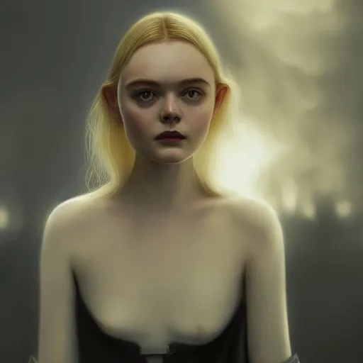 Prompt: Elle Fanning wearing black cultist robes in the style of Paola Vetri, a fire burns on the beach, head and shoulders portrait, stormy weather, extremely detailed masterpiece, oil on canvas, low-key neon lighting, artstation, Blade Runner 2049, Roger Deakin’s cinematography, by J. C. Leyendecker and Peter Paul Rubens and Edward Hopper and Michael Sowa,