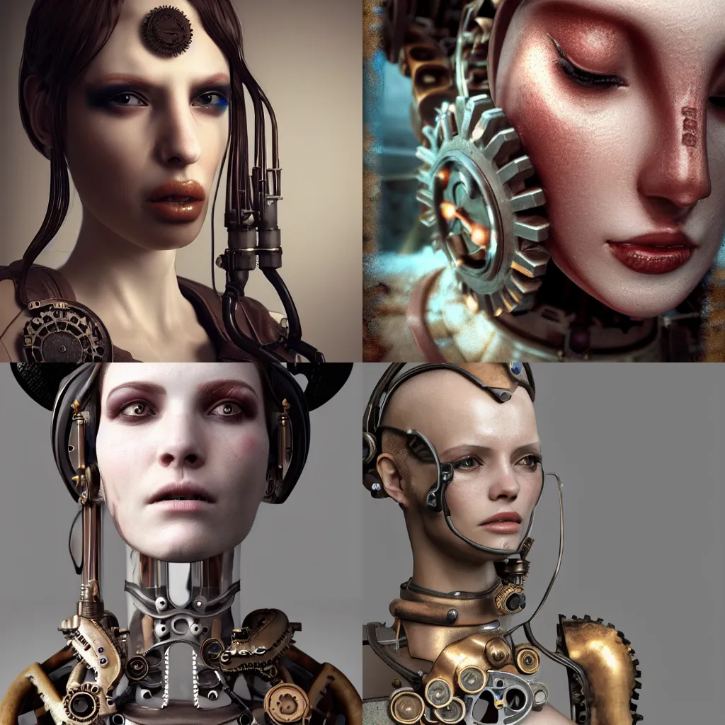 Prompt: Portrait of a beautiful steampunk female android, cracked porcelain face, steam, exposed inner gears, high detail, realistic octane render