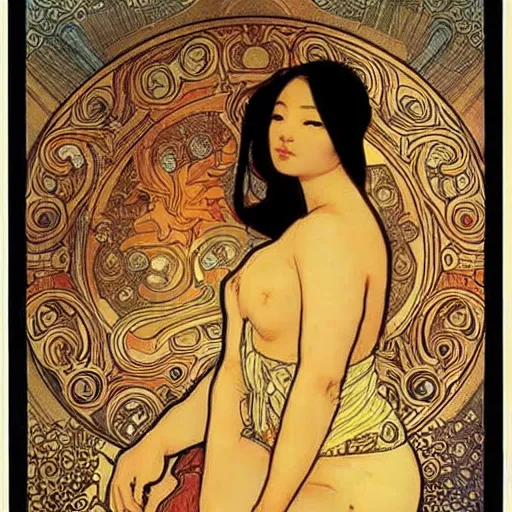 Prompt: art nouveau bald asian female cyberpunk, model pose, by alphonse mucha and gustav klimt