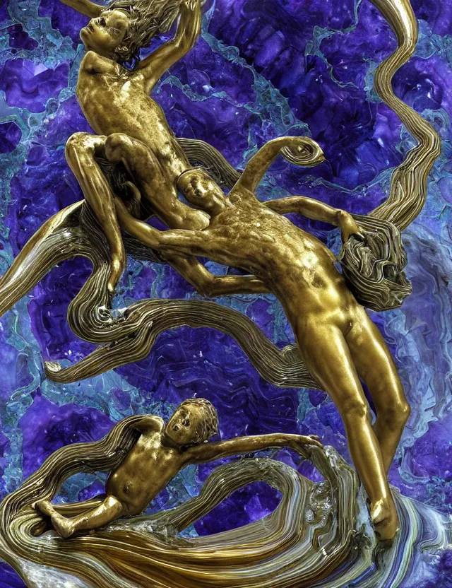 Image similar to a sculpture of a winged child made from blue and emerald and amethyst crystal geode formations with flowing marble water with obsidian base with liquid gold tendrils flowing by carlo maria mariani by stanisław szukalski, octane render, byzantine, spirals, elestial crystals, geode,