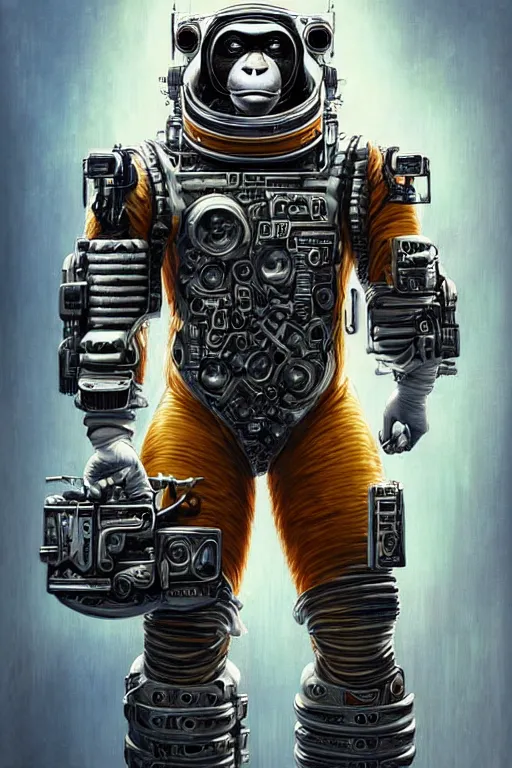 Image similar to a portrait of a muscular anthropomorphic cyberpunk orangutang in spacesuit armor with ensignia on chest plate by sandra chevrier, by jon foster, detailed render, pistol in holster, extremely hyperdetailed, tape deck, epic composition, cybernetics, 4 k realistic, cryengine, realistic shaded lighting, sharp focus, masterpiece, by enki bilal