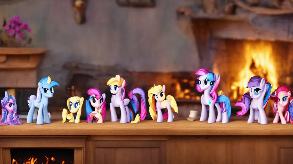 Prompt: A very very very very very beautiful and wholesome scene of My Little Pony figurines in front of a lit fireplace, 4k, 8k, photography, warm lighting, detailed eyes