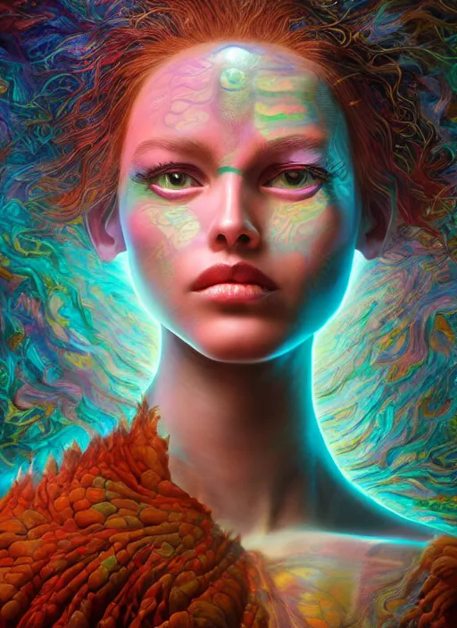 Image similar to portrait ultra dimensional enlightened cult girl shaman, tripping on dmt salvia, psychedelic experience, ascending through the fifth dimension moving at the speed of light and sitting still, ultra high definition, unreal engine 5, hyperrealism, masterpiece composition, by peter kemp, casey weldon, barclay shaw