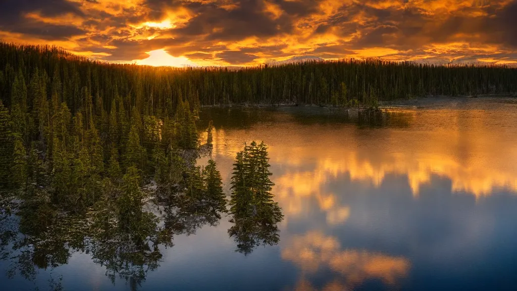 Image similar to amazing lake view photo of golden taiga in sunset, beautiful dramatic lighting