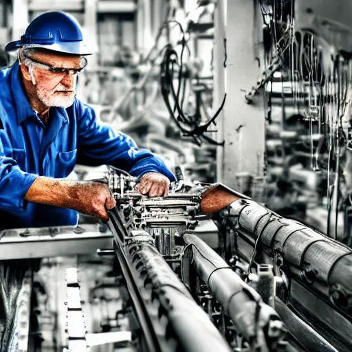 Prompt: tired old factory worker is about to retire. he's working on complex machinery. beautiful photography, 4K, very detailed