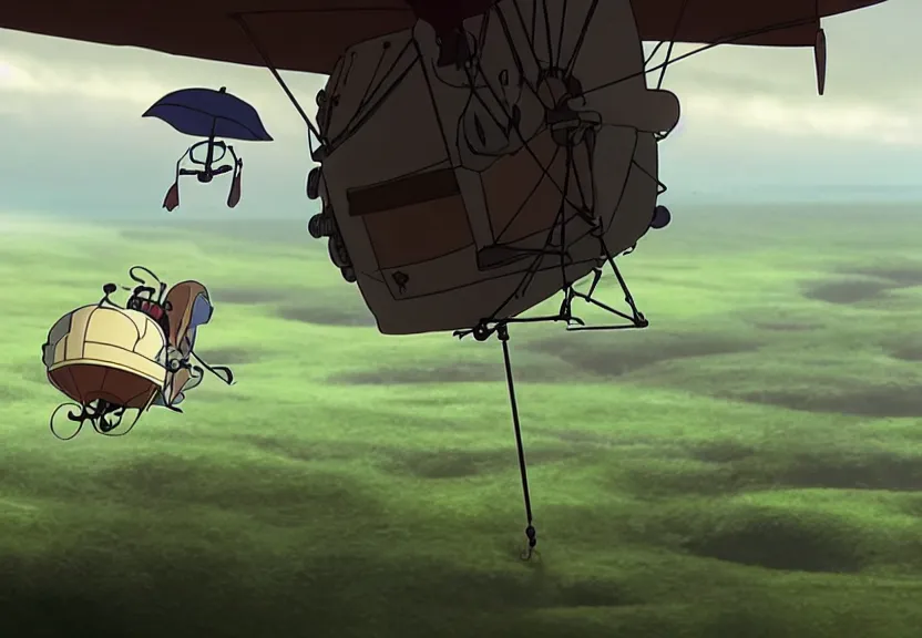 Image similar to a cell - shaded cartoon movie still from howl's moving castle ( 2 0 0 4 ) of a beautiful young woman flying a gyrocopter in a flooded rainforest valley. stonehenge is seen in the background with shafts of sunlight from above. wide shot, very dull muted colors, hd, 4 k, hq