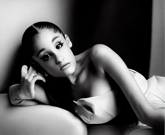 Image similar to award winning photo of Ariana Grande on a chesterfield lounge, symmetrical face, beautiful eyes, studio lighting, wide shot art by Sally Mann & Arnold Newman